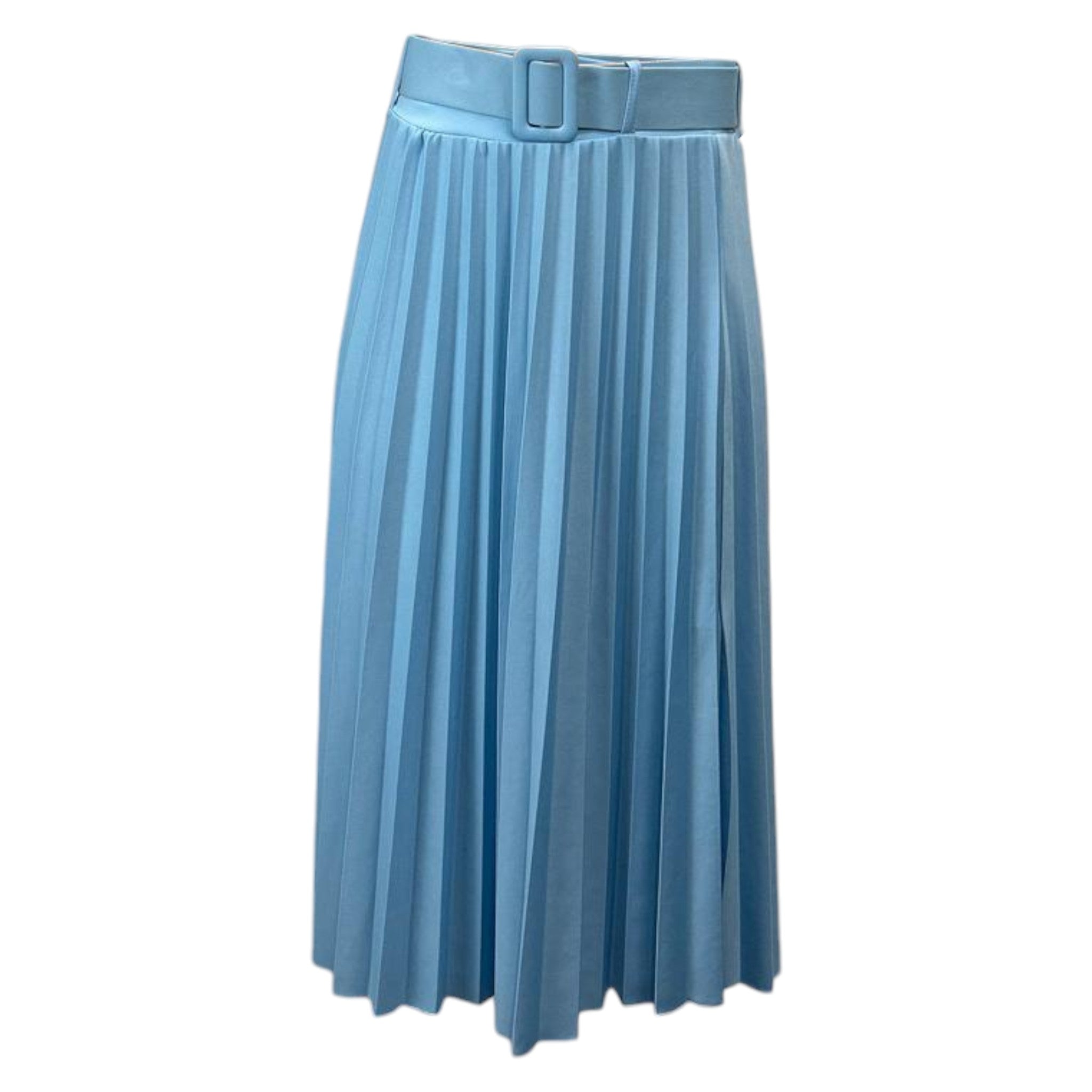 Women's vibrant blue pleated midi skirt with belt – elegant high-waisted A-line design, ideal for formal and casual wear